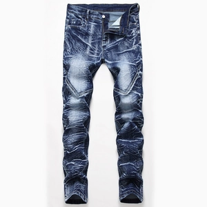 Men's straight slim denim jeans with vintage wash and distressed pleated texture