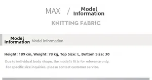 Size chart showing model info height 189cm weight 78kg wearing size L and 30