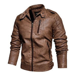 Men's retro brown PU leather motorcycle jacket with stand collar and quilted shoulders