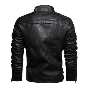 Back view of men's vintage black faux leather motorcycle jacket with stand collar and zipper cuffs