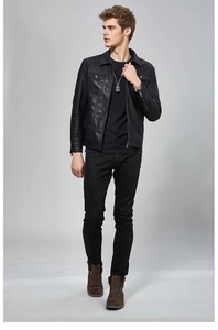 Full-body shot of a men's black PU leather jacket with lapel and symmetrical chest pockets