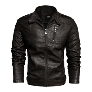 Men's dark brown faux leather motorcycle jacket with stand collar and zipper pockets