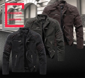 Detailed close-up showing moto pleats and metal zippers on men's PU leather biker jackets