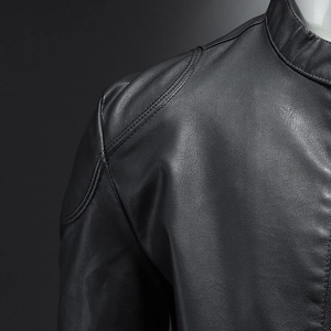 Men's retro black PU leather biker jacket with stand collar and quilted shoulder stitching