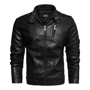 Men's black PU leather biker jacket with stand collar and quilted shoulder details
