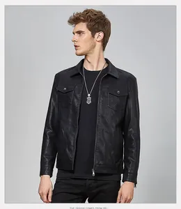Detailed view of black PU leather jacket with classic lapel and dual chest flap pockets