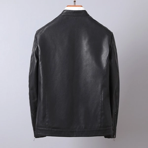 Men's black motorcycle PU leather jacket with vintage stand collar and slim back view