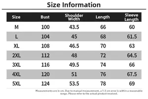 Size chart for men's PU leather jacket showing measurements from M to 5XL in centimeters