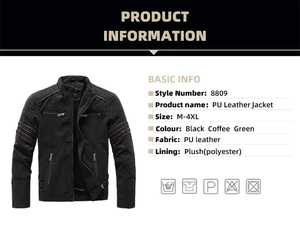 Detail of men's faux leather biker jacket with red stripe accents and warm fleece lining