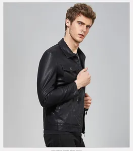 Side view of men's slim fit black PU leather jacket featuring lapels and metal zippers