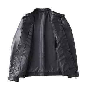 Men's vintage black faux leather motorcycle jacket with stand collar and zipper closure