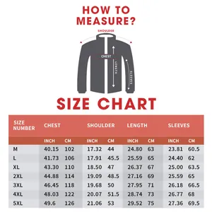 Size chart for men motorcycle jacket with detailed shoulder and chest measurements