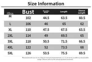 Tableau des tailles pour veste en cuir PU homme avec mesures de M à 5XL en centimètres