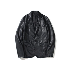 Detailed view of the sleek lapel and stitching on this men's black PU leather blazer