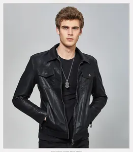 Macro detail of men's slim fit black PU leather jacket showing lapel and metal zipper texture