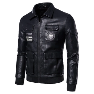 Men's PU Artificial Leather Motorcycle Jacket Multi-Pocket Embroidered Flight Jacket Lapel Fleece Lined Slim Fit Outerwear