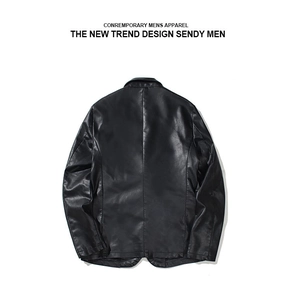 Back view of a black men's PU leather suit jacket with central vertical seam detail