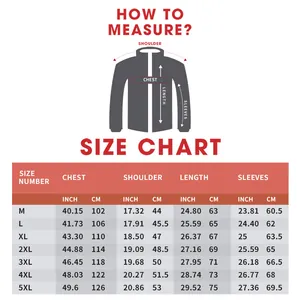 Size chart for men hooded PU leather jacket showing chest shoulder and length in CM and INCH