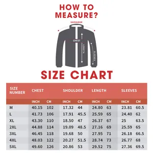 Men's minimalist PU leather jacket size chart with detailed chest and shoulder measurements