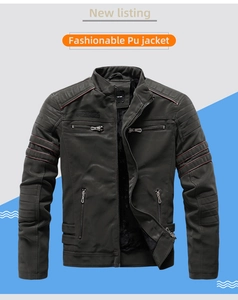 Detailed view of motorcycle jacket with stand collar and red trim on cuffs and collar