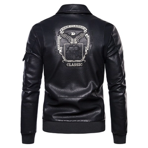 Men's faux leather biker jacket featuring a large eagle embroidery on the back view