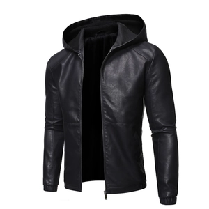 Men's black hooded PU leather biker jacket with zip closure and elasticated cuffs