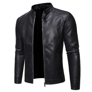 Men's slim fit black PU leather biker jacket with stand collar and metal zipper