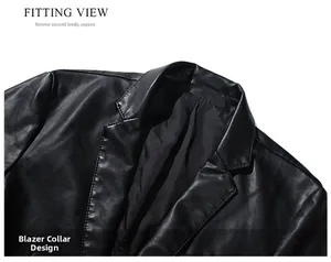 Detailed close-up of the professional lapel design on a men's black PU leather blazer