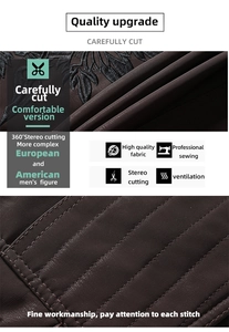 Detail of dark brown faux leather jacket featuring heavy stitching and shoulder embroidery