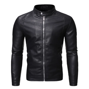 Men's slim fit black PU leather motorcycle jacket with stand collar and metal zipper
