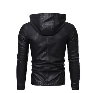Men's black hooded fleece PU leather jacket shown from a rear view with slim fit cut