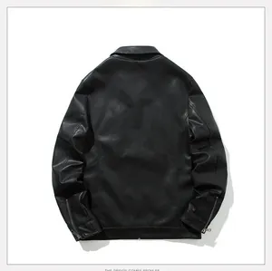 Rear view of black PU leather jacket showing classic lapel collar and zipper cuffs