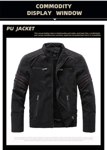 Close-up of black PU leather jacket featuring quilted shoulder detail and red stripe sleeve accent