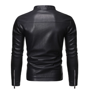 Rear view of men's slim fit black PU leather jacket with sleek stand collar and zipped cuffs