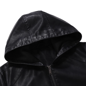 Detail of hood with breathable mesh lining and premium silver zipper on black PU jacket