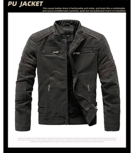 Detail of dark grey brushed PU leather motorcycle jacket featuring quilted shoulders