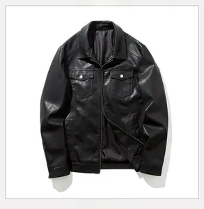 Detail of men's faux leather jacket showing lapel collar and flap chest pockets
