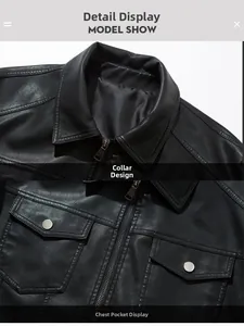 Detailed view of lapel collar and chest flap pockets on black PU leather jacket