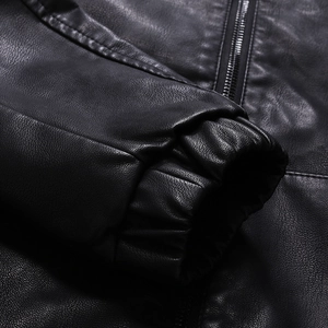 Men's thermal fleece hooded faux leather motorcycle jacket with ribbed cuffs and silver zipper