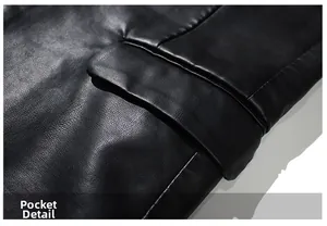 Detail of the flap pocket on a black PU leather jacket with premium textured grain finish
