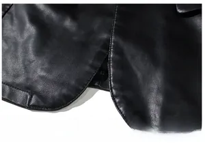 Detailed view of the black PU leather jacket hem with fine stitching and smooth curved cut