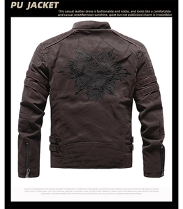 Detailed back view of brown PU leather jacket featuring skull and wing embroidery
