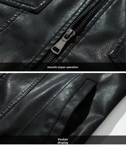 Detail view of smooth metal zipper and side pocket on black PU leather jacket