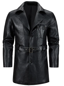 Detailed view of men's black PU leather coat featuring classic lapels and waist belt