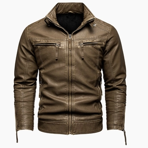 Detailed macro view of quilted shoulder texture and metallic zipper on brown leather jacket
