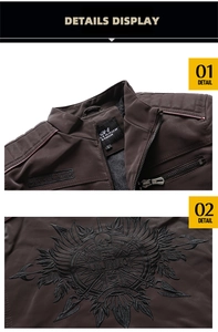 Detail of dark brown PU leather jacket with skull embroidery and quilted shoulder padding