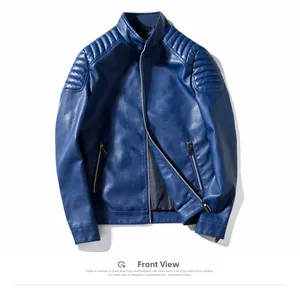 Detail view of navy blue faux leather motorcycle jacket featuring quilted shoulder pads