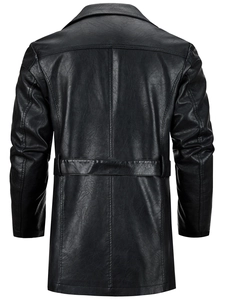 Rear view of men's long black PU leather trench coat with stitching and waist belt detail