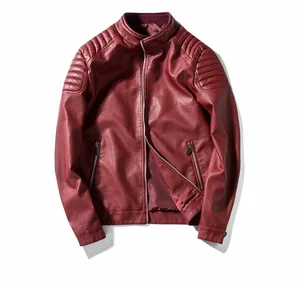 Detailed view of dark burgundy PU leather biker jacket with stand collar and quilted shoulders