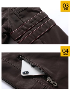 Detail of dark brown faux leather jacket sleeve with stripes and zipper phone pocket